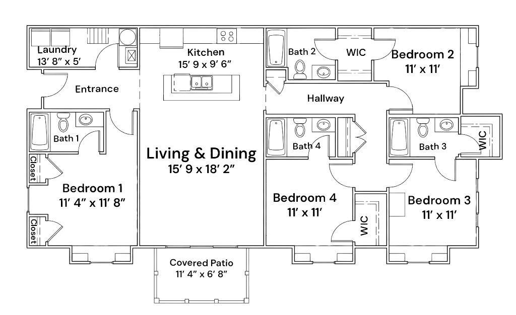 Floorplan: 4 bedrooms each with private bath, living and dining, kitchen, laundry, covered patio